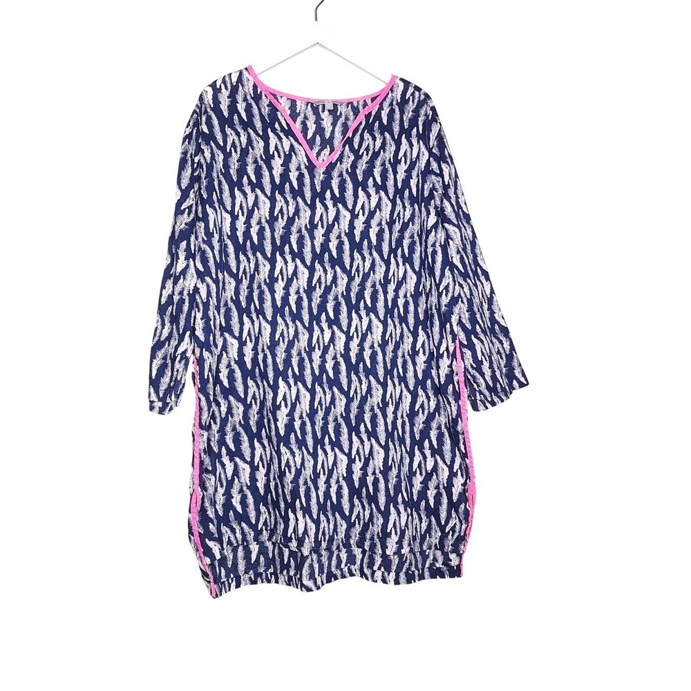 Uniqlo Navy White Print Tunic Dress Pink Trim Beach Resortwear Vacation Boho L
